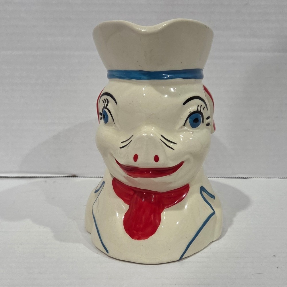 Vintage Shawnee Pottery Smiley Pig Sailor Pitcher Cream Blue Red 5.75 Inch